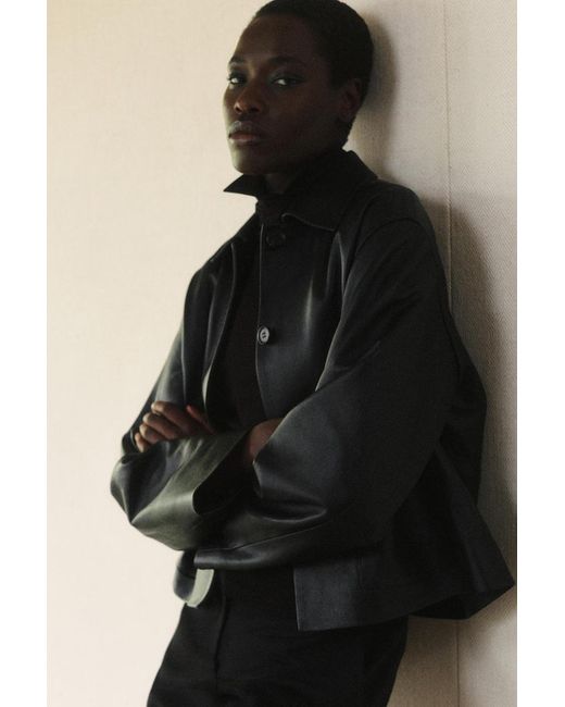 COS Black Boxy Collared Leather Jacket