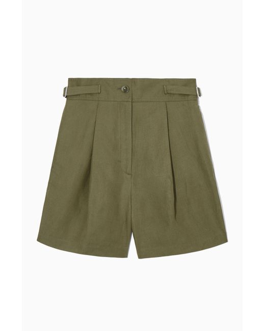 COS Green Pleated Linen-blend Utility Shorts
