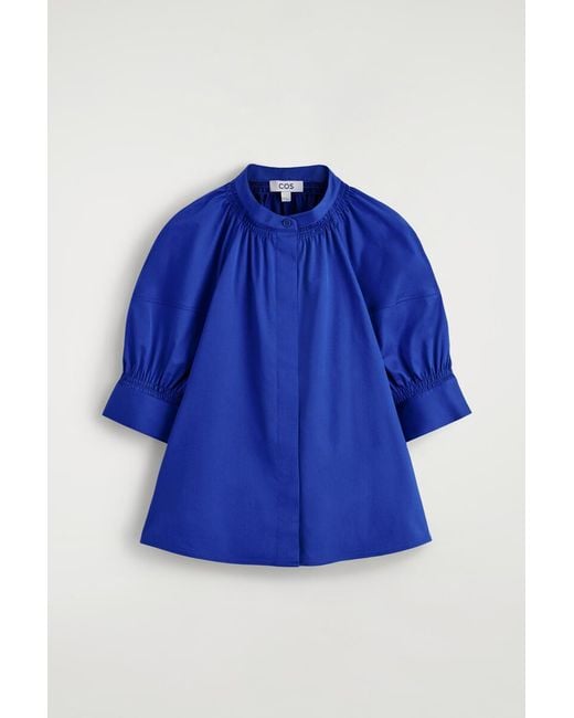 COS Blue Smocked Puff-Sleeve Blouse