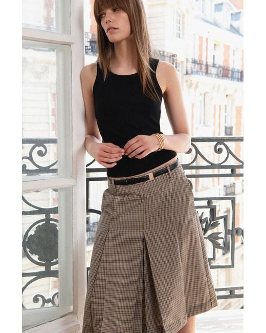 COS Natural Box-Pleat Checked Wool Midi Skirt