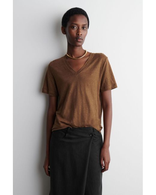 COS Brown V-Neck Linen T-Shirt