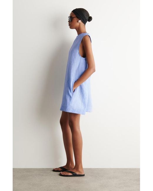 COS Blue V-Neck Open-Back Linen Mini Dress