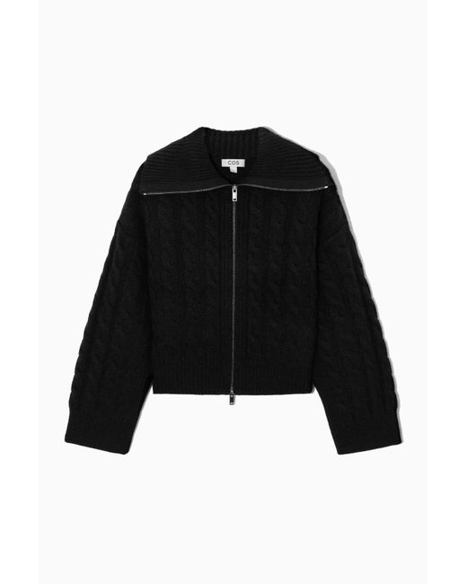 COS Black Cable-knit Wool Zip-up Jacket