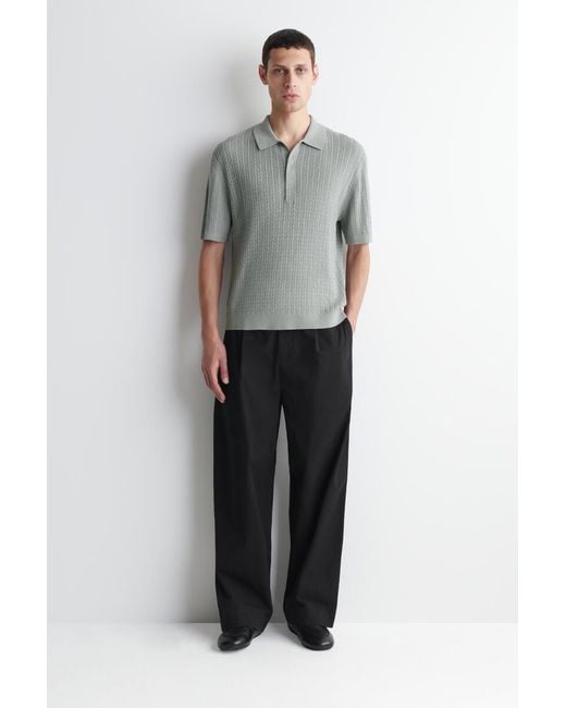 COS Gray Cable-Knit Cotton-Linen Polo Shirt for men