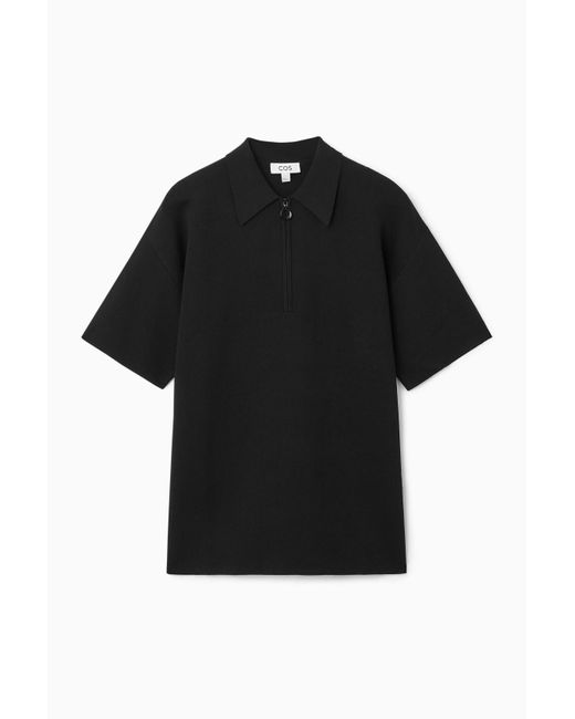 COS Black Double-faced Knitted Zip-up Polo Shirt