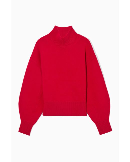 COS Red Funnel-neck Waisted Wool Jumper