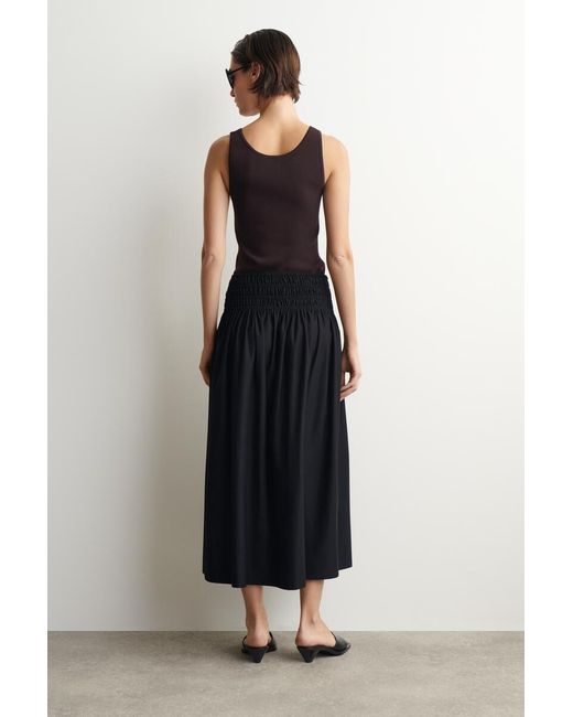 COS Black Ruched-Waist Midi Skirt