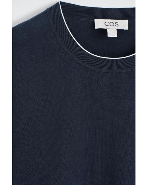 COS Blue Contrast-Tipped Silk-Cotton T-Shirt for men