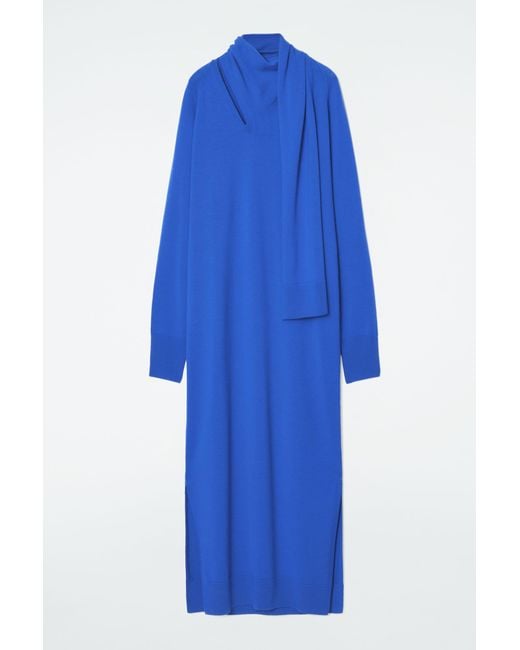 COS Blue Scarf-detail Wool Maxi Dress