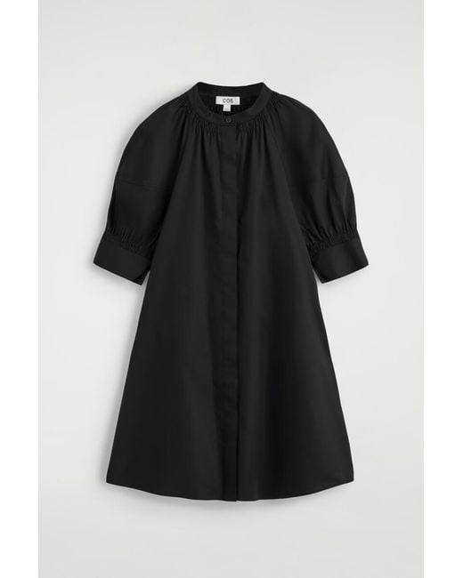 COS Black Smocked Puff-Sleeve Shirt Dress