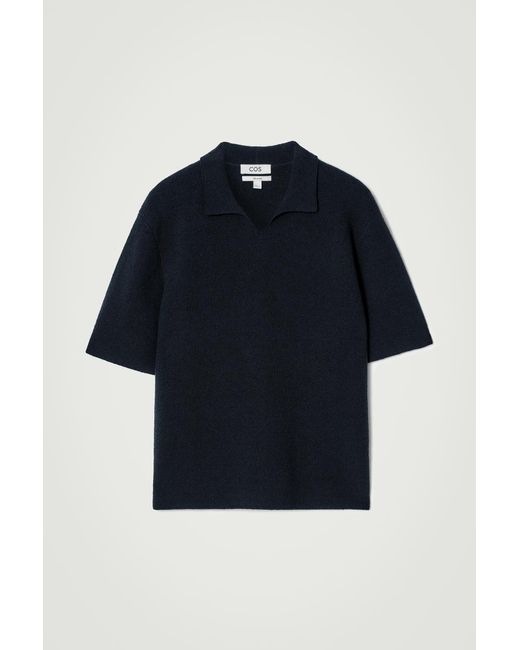 COS Blue Open-Collar Bouclé-Knit Polo Shirt for men