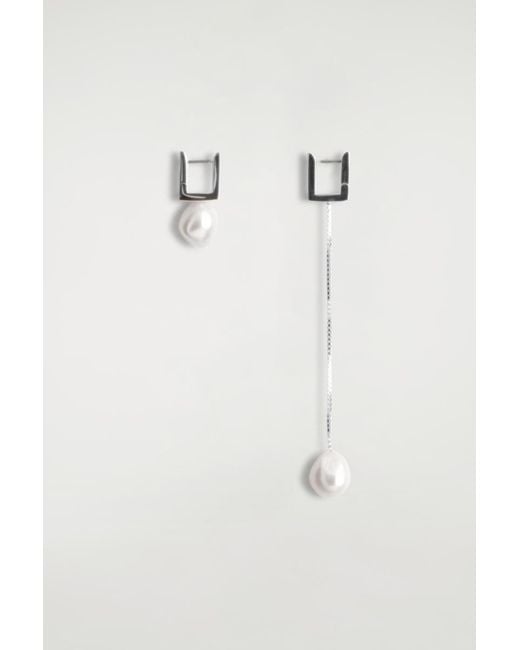 COS White Mismatched Rectangular Pearl Drop Earrings