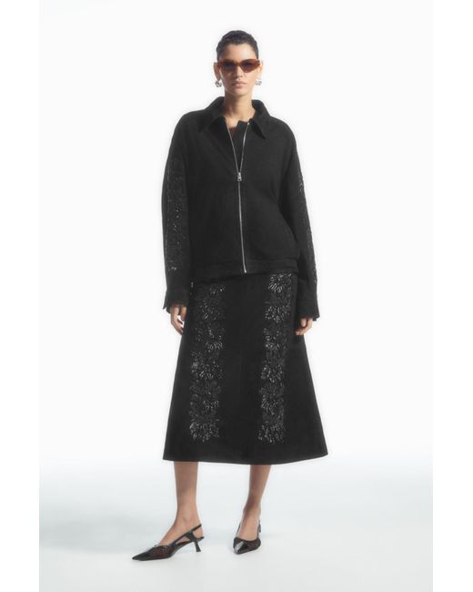 COS Black Sequinned Suede Midi Skirt