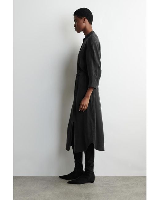 COS Black Belted Collarless Midi Shirt Dress