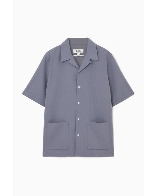 COS Blue Short-sleeved Cotton-seersucker Shirt for men