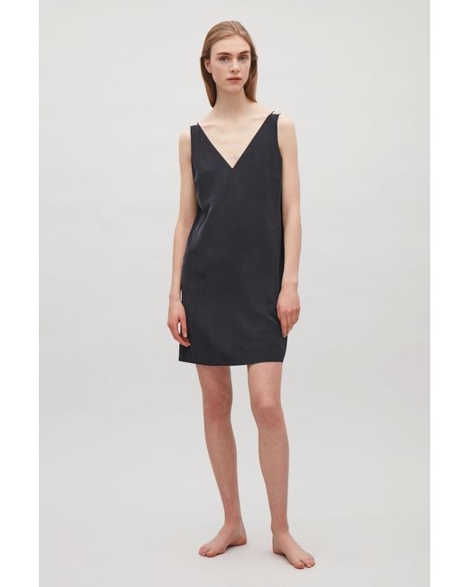 COS Blue Silk Dress With Deep V-neck
