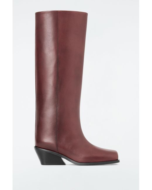 COS Brown Square-toe Leather Knee-high Boots