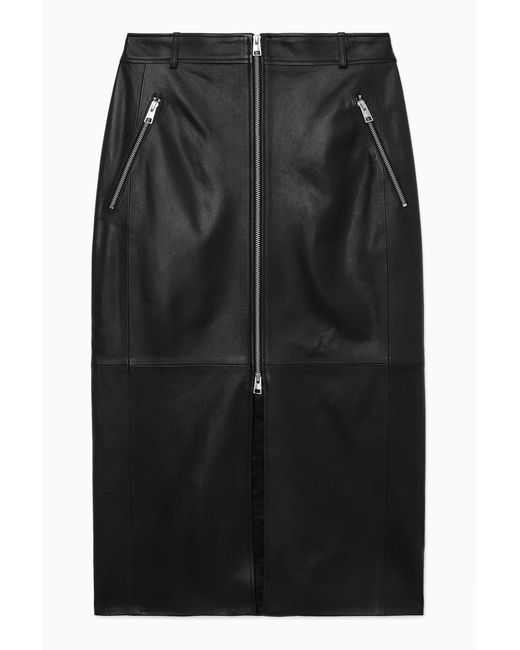 COS Black Zip-up Leather Midi Skirt