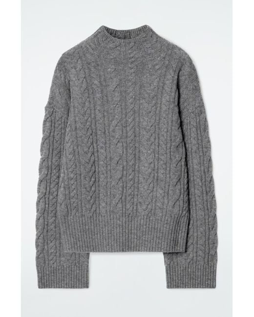 COS Gray Cable-knit Wool Funnel-neck Sweater