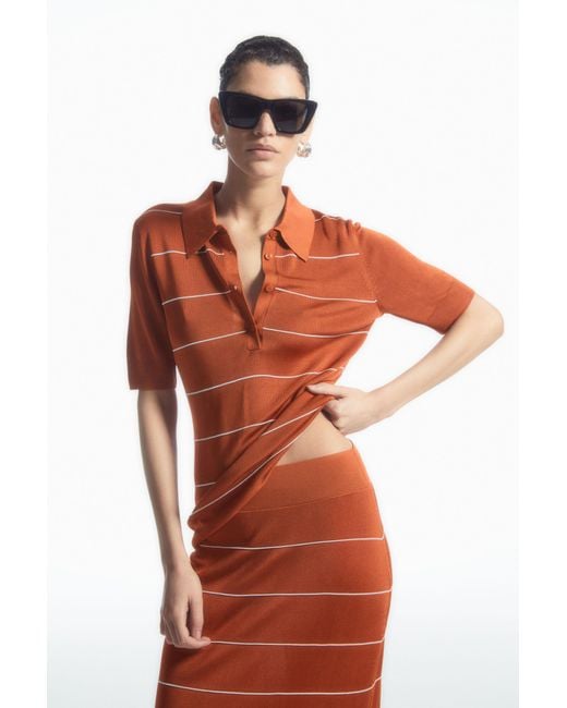 COS Orange Striped Knitted Polo Shirt