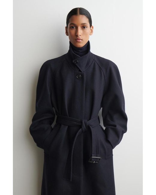 COS Blue Wool-Blend Long Trench Coat