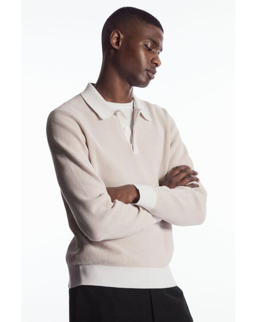 COS White Contrast-trim Waffle-knit Polo Shirt for men
