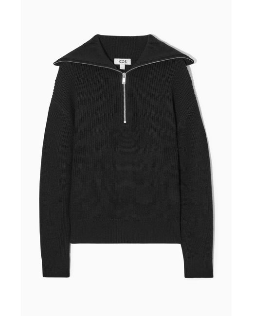COS Black Wool And Cotton Half-zip Jumper