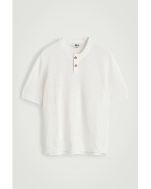 COS White Knitted Cotton Henley T-Shirt for men