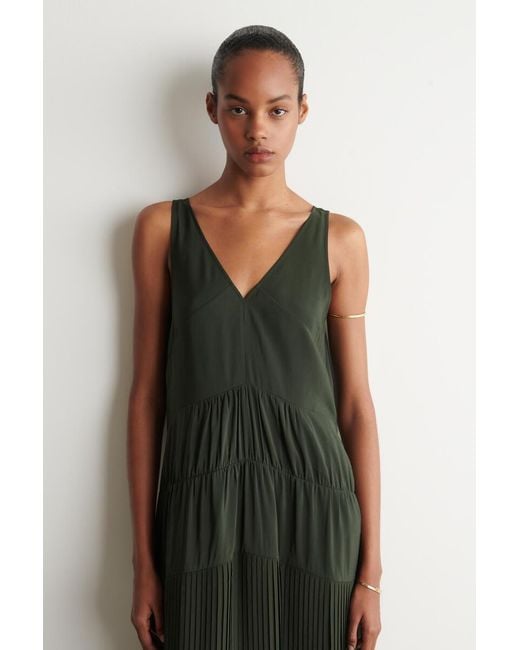 COS Black Gathered Pleated V-Neck Maxi Dress