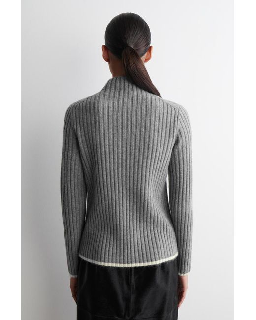 COS Gray Ribbed Wool Funnel-Neck Jumper
