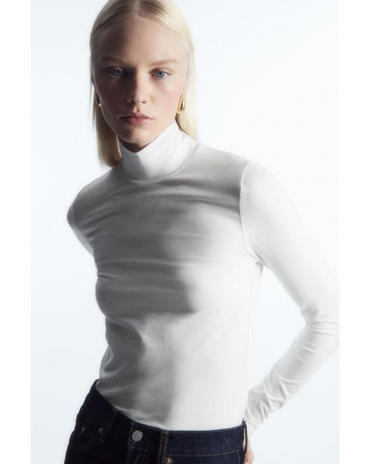 COS White Long-sleeved Jersey Roll-neck Top
