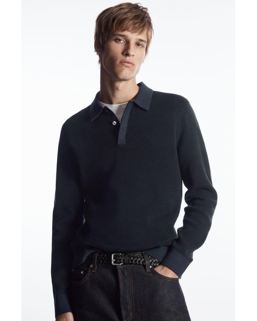 COS Blue Contrast-trim Waffle-knit Polo Shirt for men