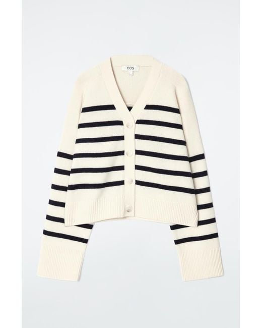 COS White Striped Merino Wool V-Neck Cardigan