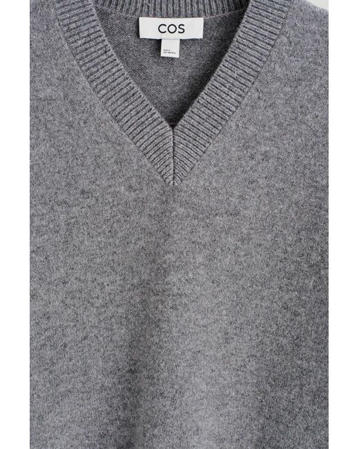 COS Gray Rounded Wool V-Neck Sweater