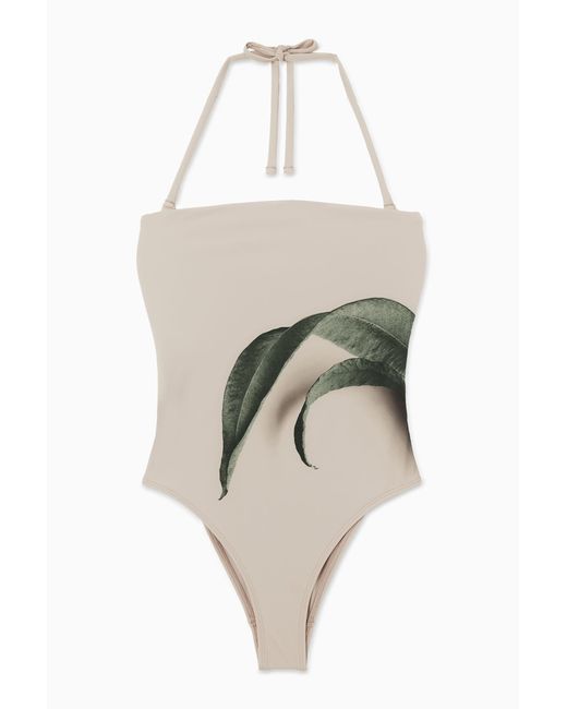 COS White Leaf-print Bandeau Swimsuit