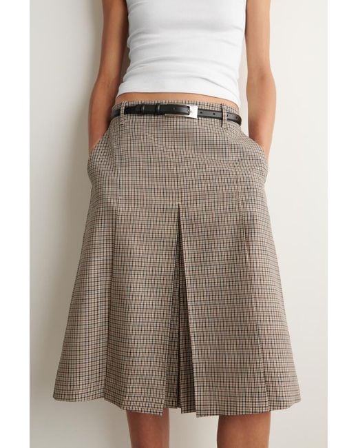 COS Natural Box-Pleat Checked Wool Midi Skirt