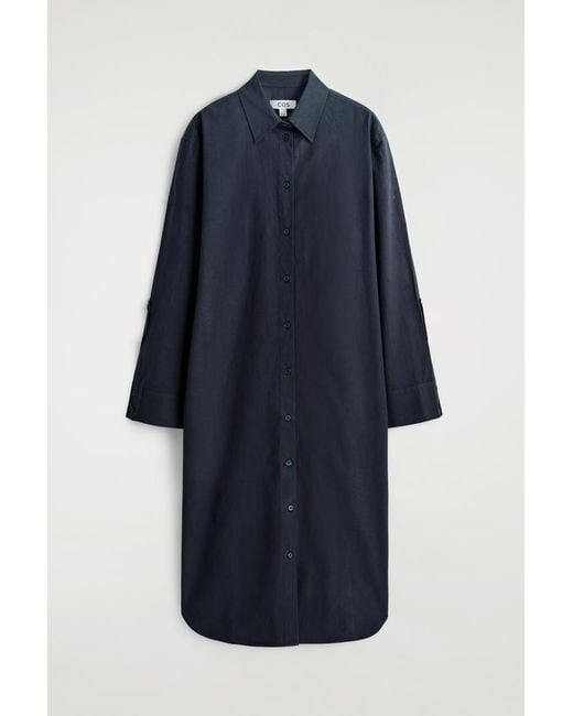 COS Blue Curved-Sleeve Cotton Midi Shirt Dress