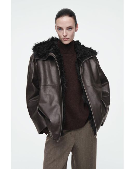 COS Black Shearling-lined Nappa Hooded Jacket