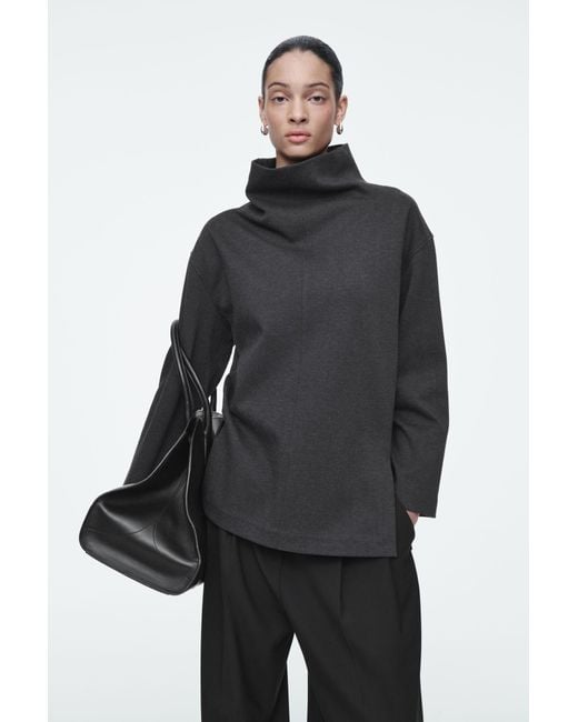 COS Black Oversized Herringbone Funnel-neck Top