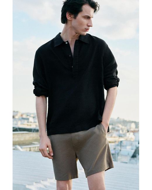 COS Black Linen Popover Shirt for men