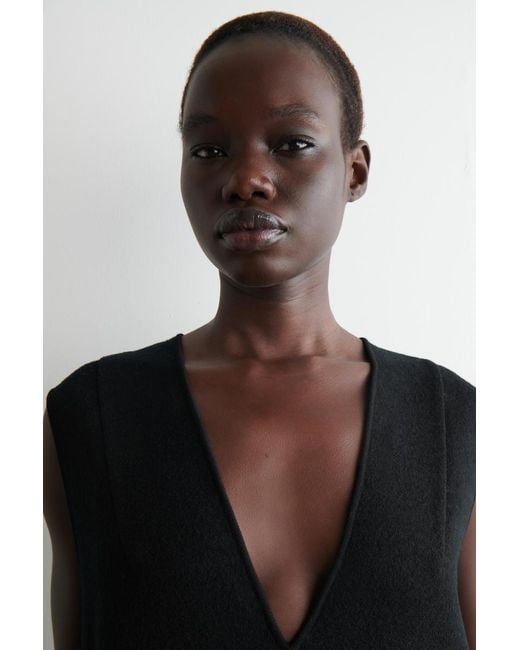 COS Black Boiled Wool V-Neck Mini Dress