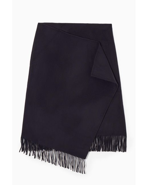 COS Blue Fringed Wool Midi Wrap Skirt