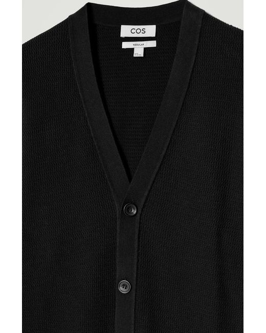COS Black Textured Knitted Cotton V-Neck Cardigan for men
