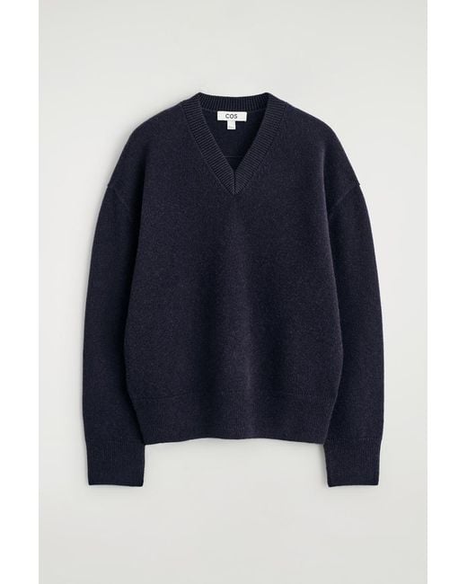 COS Blue Rounded Wool V-Neck Sweater