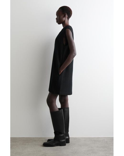 COS Black Boiled Wool V-Neck Mini Dress