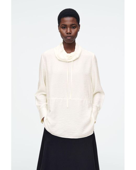 COS White Drawstring Funnel-neck Blouse
