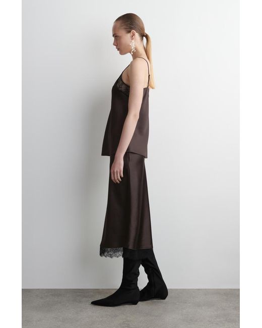 COS Brown Lace-Trimmed Satin Midi Skirt