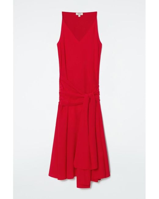 COS Red Asymmetric Tie-waist Silk Dress