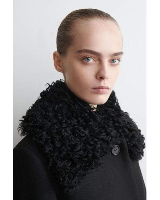 COS Black Shearling-Collar Wool Long Coat