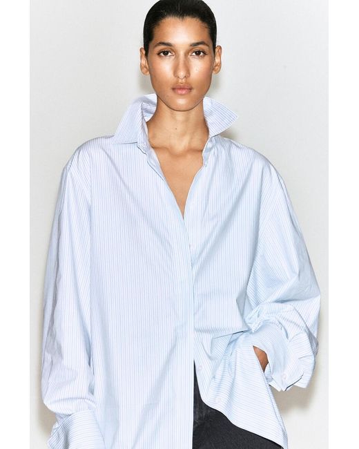 COS Blue Cutaway-Collar Striped Cotton-Blend Shirt